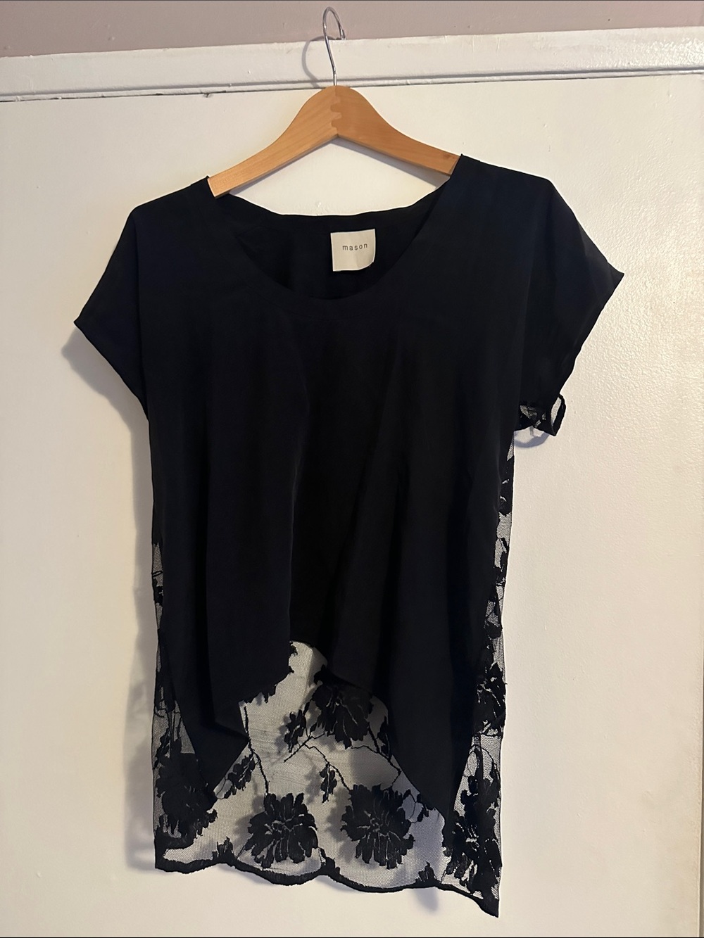 Mason Black Short Sleeve Top with Floral Lace Back